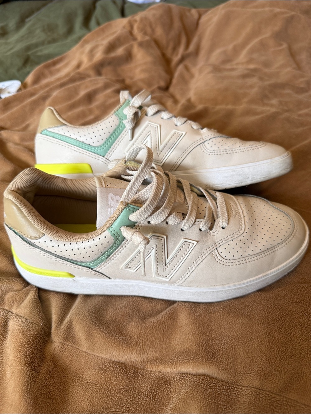 New Balance 574 Cream Leather Sneakers with Mint and Neon Yellow Accents